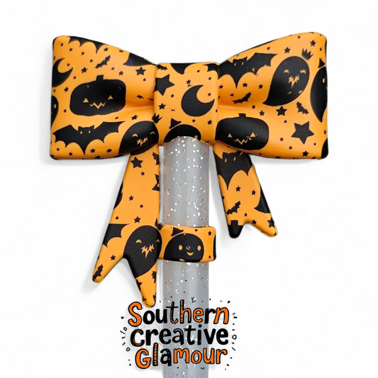 Orange Halloween Bow with Black Ghost & Bats Silicone 10mm Straw Topper by Southern Creative Glamour 
