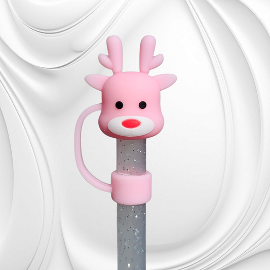 Pink Rudolph The Red Nose Reindeer 3D Silicone Straw Topper 