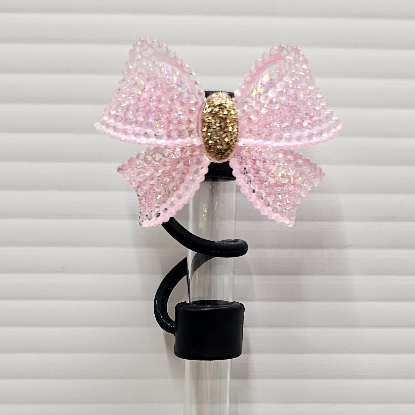 Barbie Pink and Gold Glitter Ribbon Bow with a black Silicone straw base  - Silicone Straw Topper  - Straw Cover   - Straw Cap 