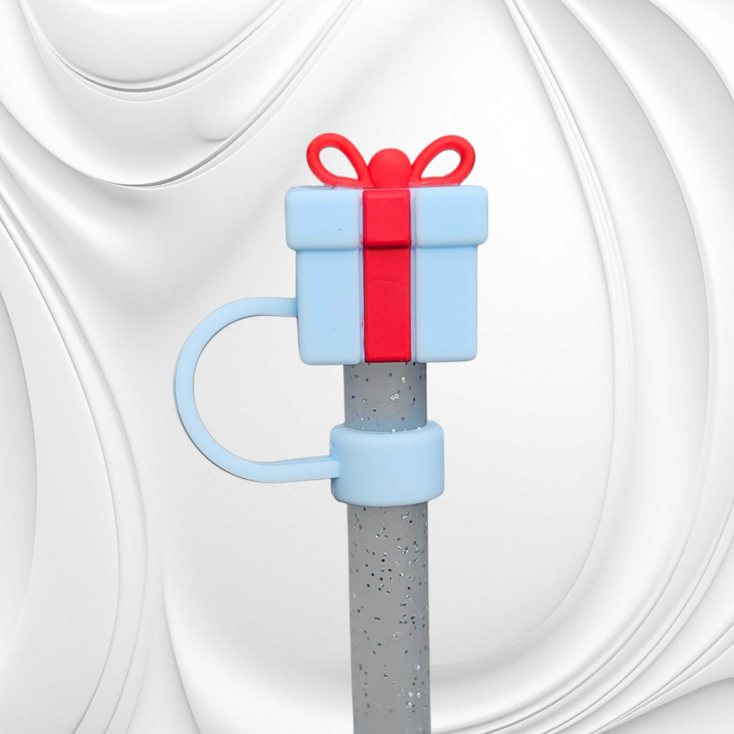 Powder Blue and red Christmas Present 3D Silicone Straw Topper. 