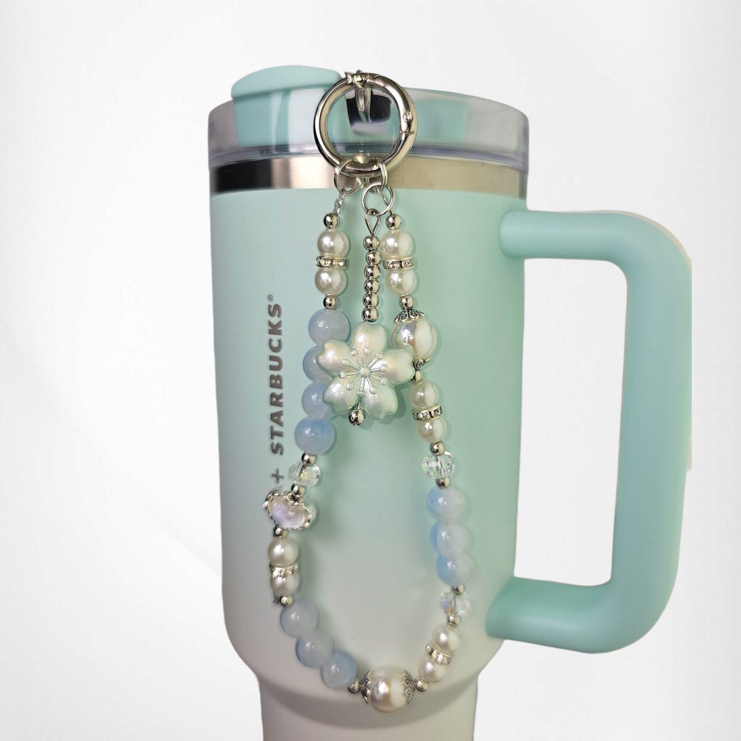 Mint Sakura Flower with White & Light Blue Faux Pearl Beads, and White Pearl Heart with Silver Keyring Charm Bracelet. 