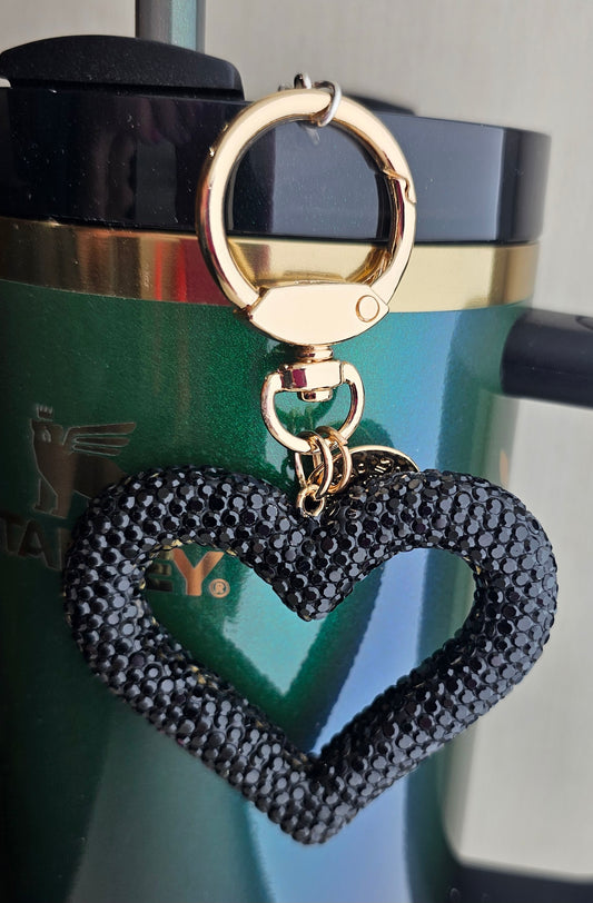 Black Rhinestone Glitter Heart with Gold Keyring. Great for straw charms, purse accessories, backpack accessories, and keychains. 