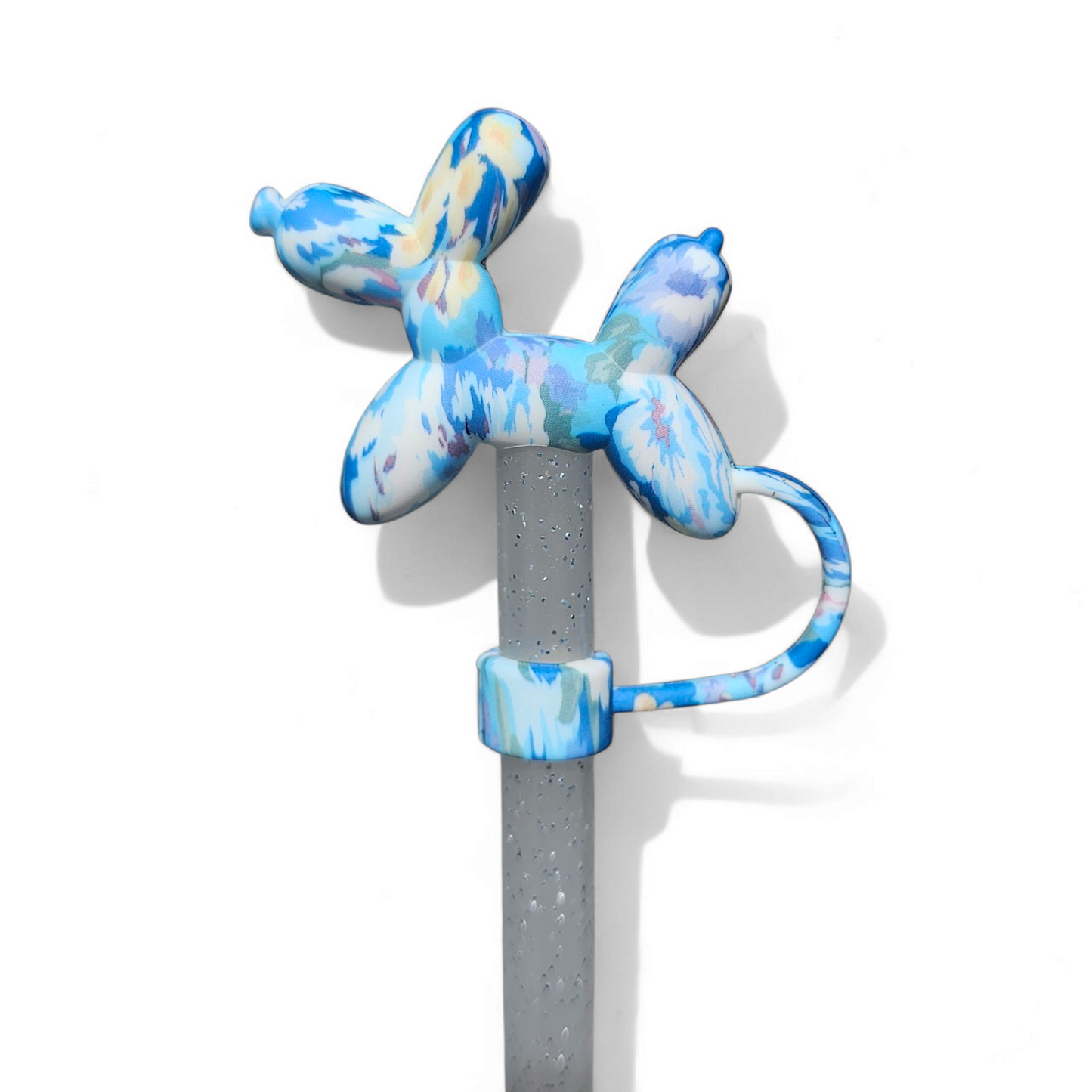 Blue Flowers Balloon Dog 3D Silicone Straw Topper
