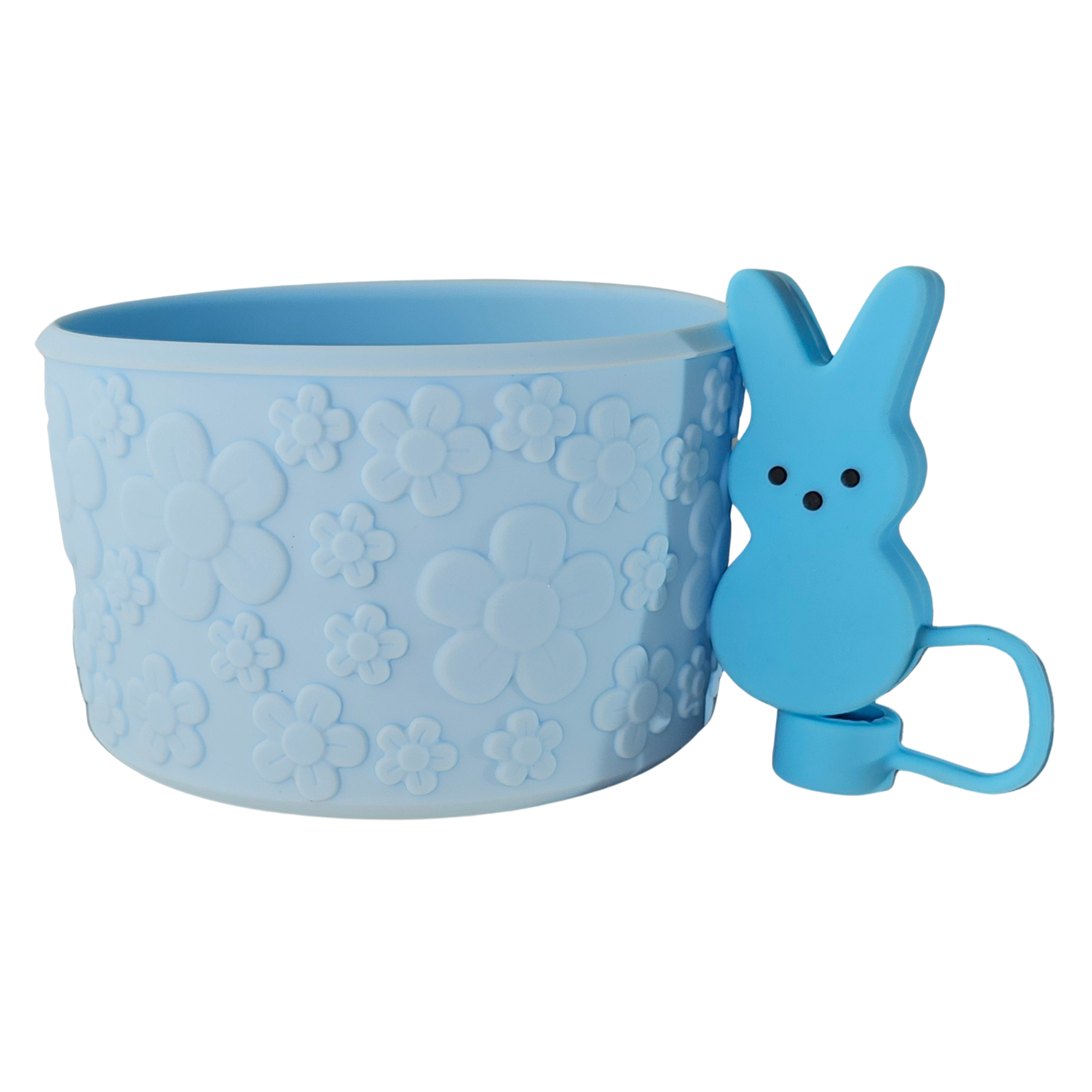 Spring Blue Flower Textured Silicone Tumbler Boot and PEEPS inspired Blue Easter Bunny 3D Silicone Straw Topper  - Straw Cover Set. 