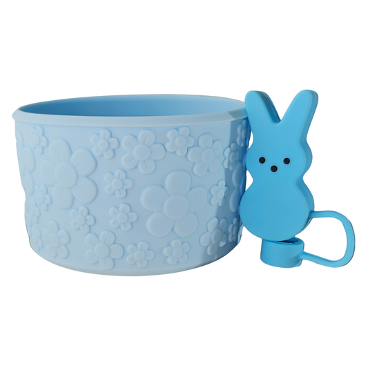 Spring Blue Flower Textured Silicone Tumbler Boot and PEEPS inspired Blue Easter Bunny 3D Silicone Straw Topper  - Straw Cover Set. 