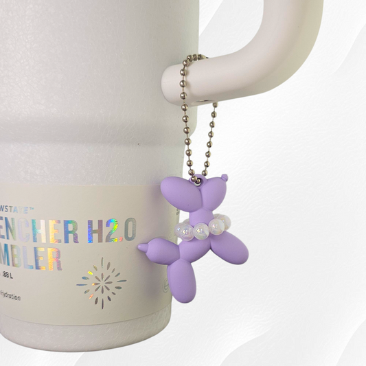 Lavender Purple Balloon Dog wearing white pearl necklace cup handle charm. 