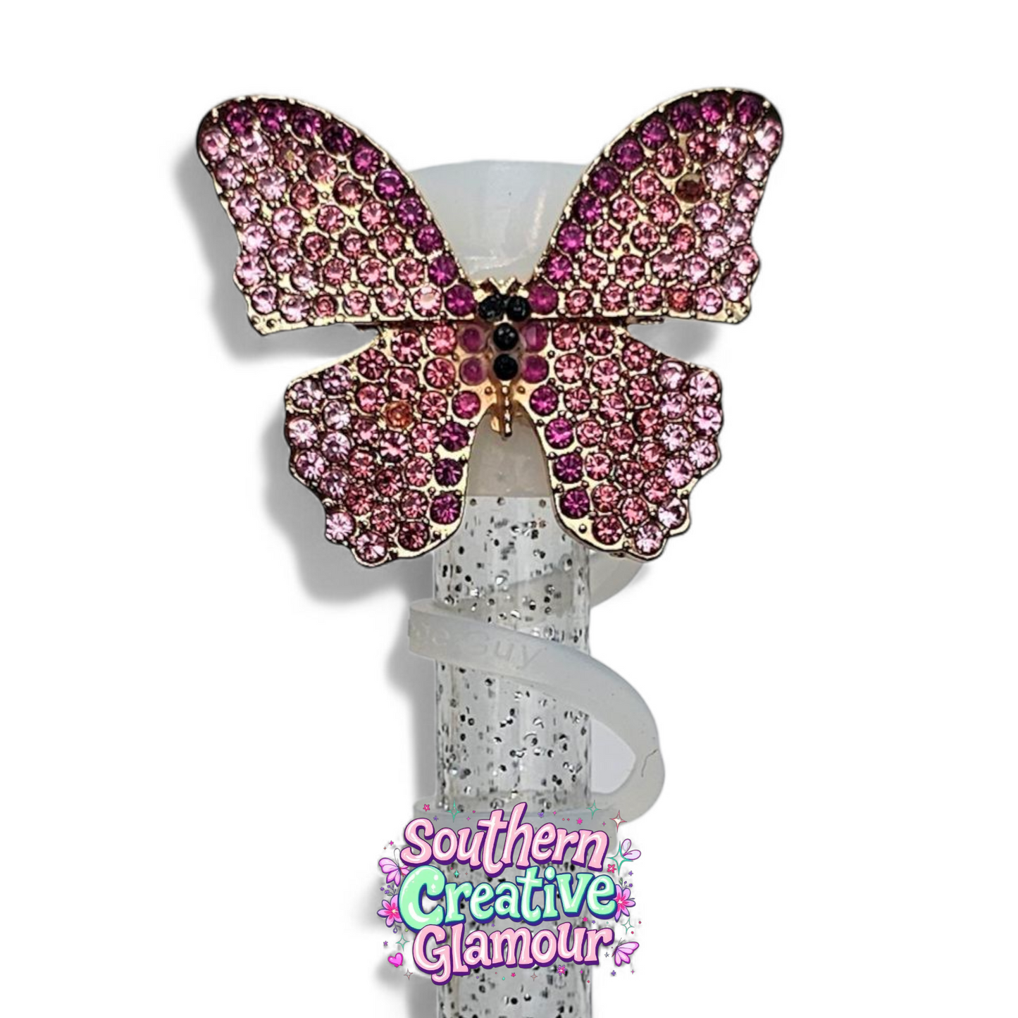 Berry Truffle Pink Bling Butterfly 10mm Straw Topper | 10mm Straw Cover by Southern Creative Glamour 