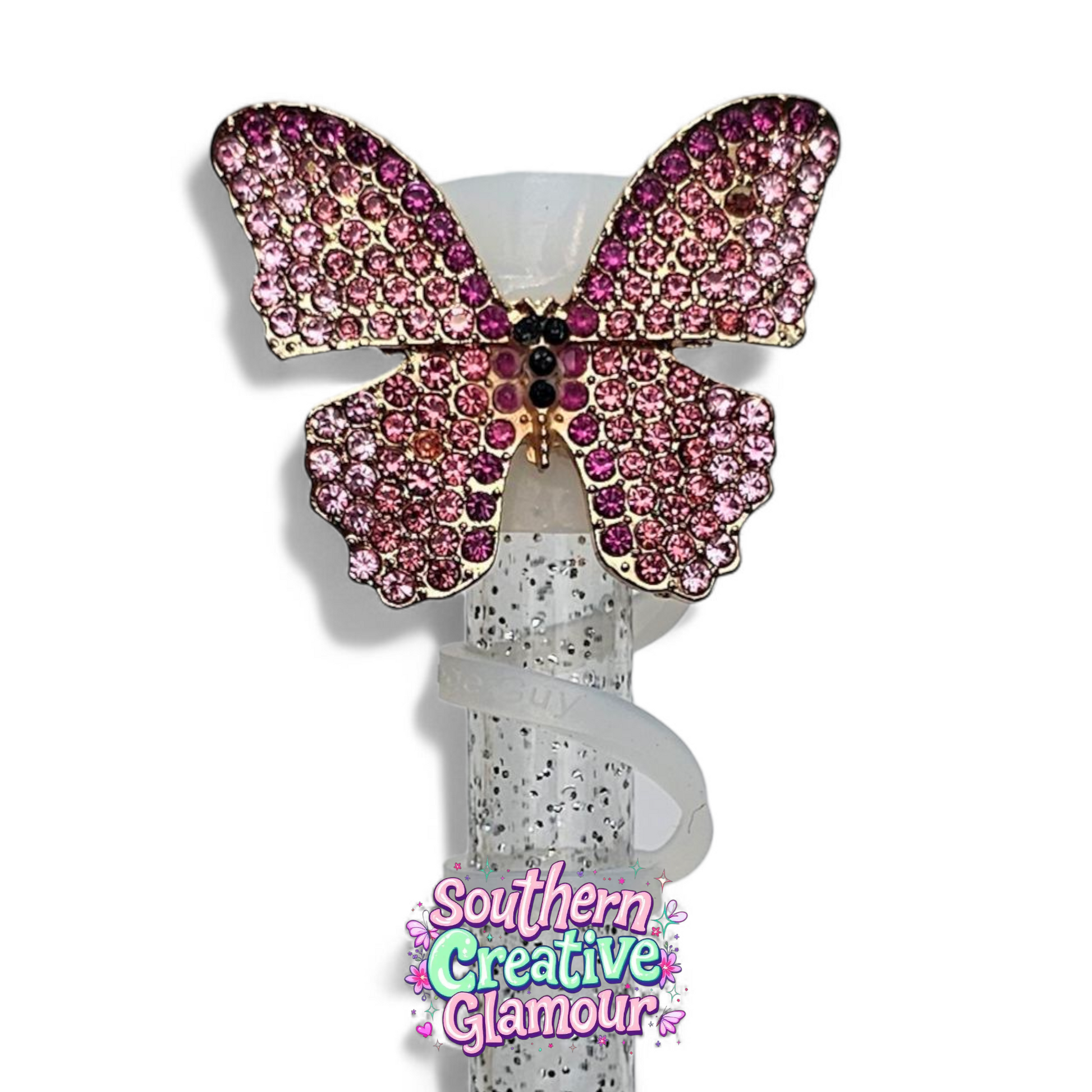 Berry Truffle Pink Bling Butterfly 10mm Straw Topper | 10mm Straw Cover by Southern Creative Glamour 