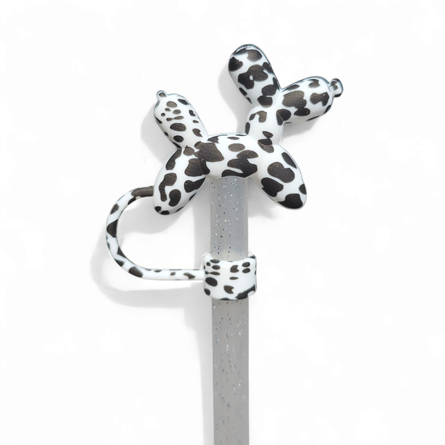 White and Black Cow Print Balloon Dog 3D Silicone Straw Topper