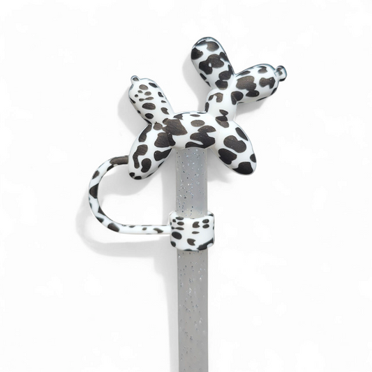 White and Black Cow Print Balloon Dog 3D Silicone Straw Topper