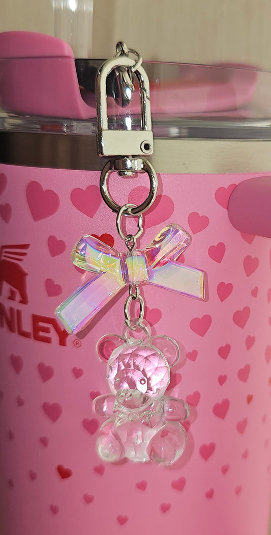 Coquette Ribbon Bow and Teddy Bear Charm - Tumbler Straw Charm - Crystal Clear