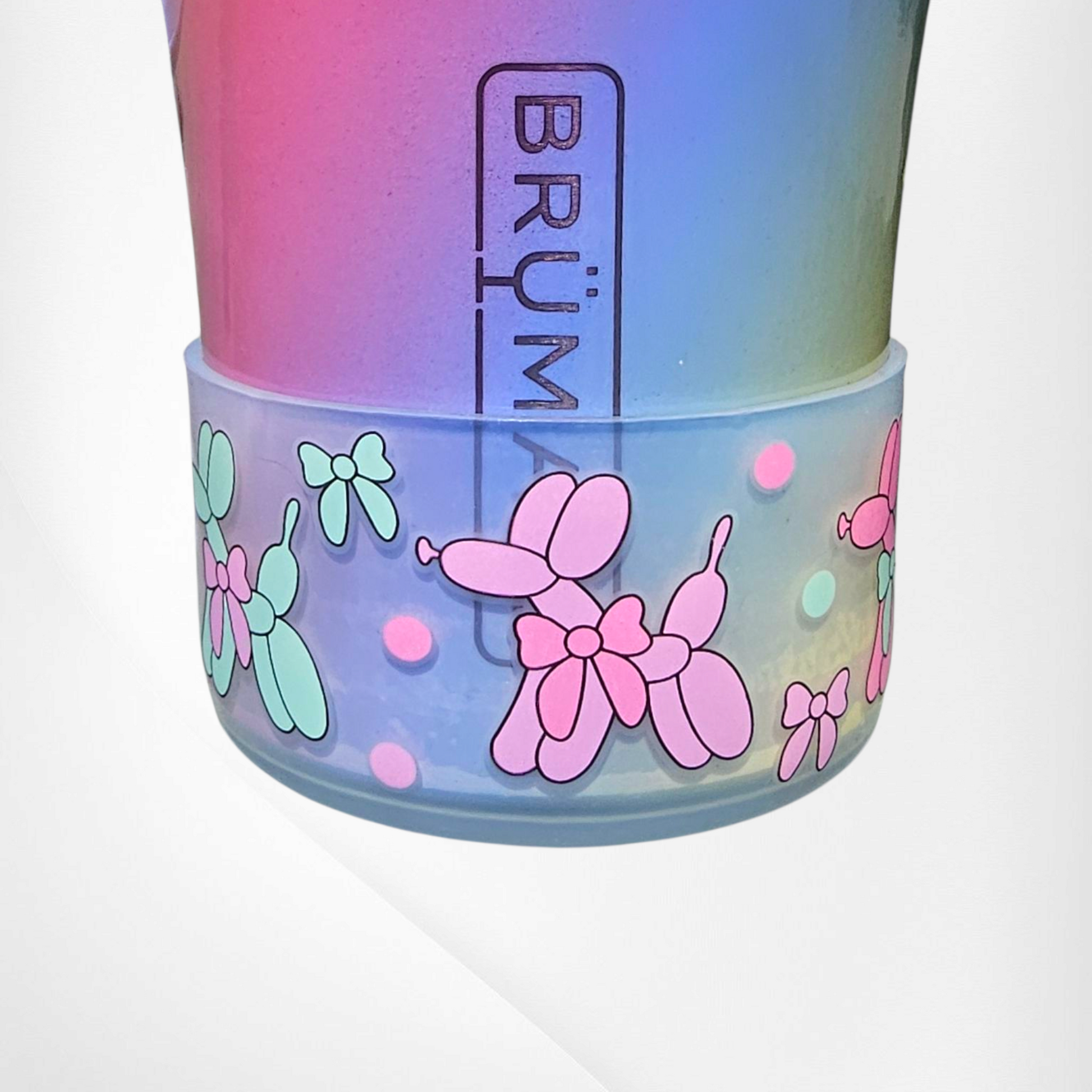 Pink, Mint, and Purple Balloon Dogs and Bows on Clear Silicone Tumbler Boot by Southern Creative Glamour 
