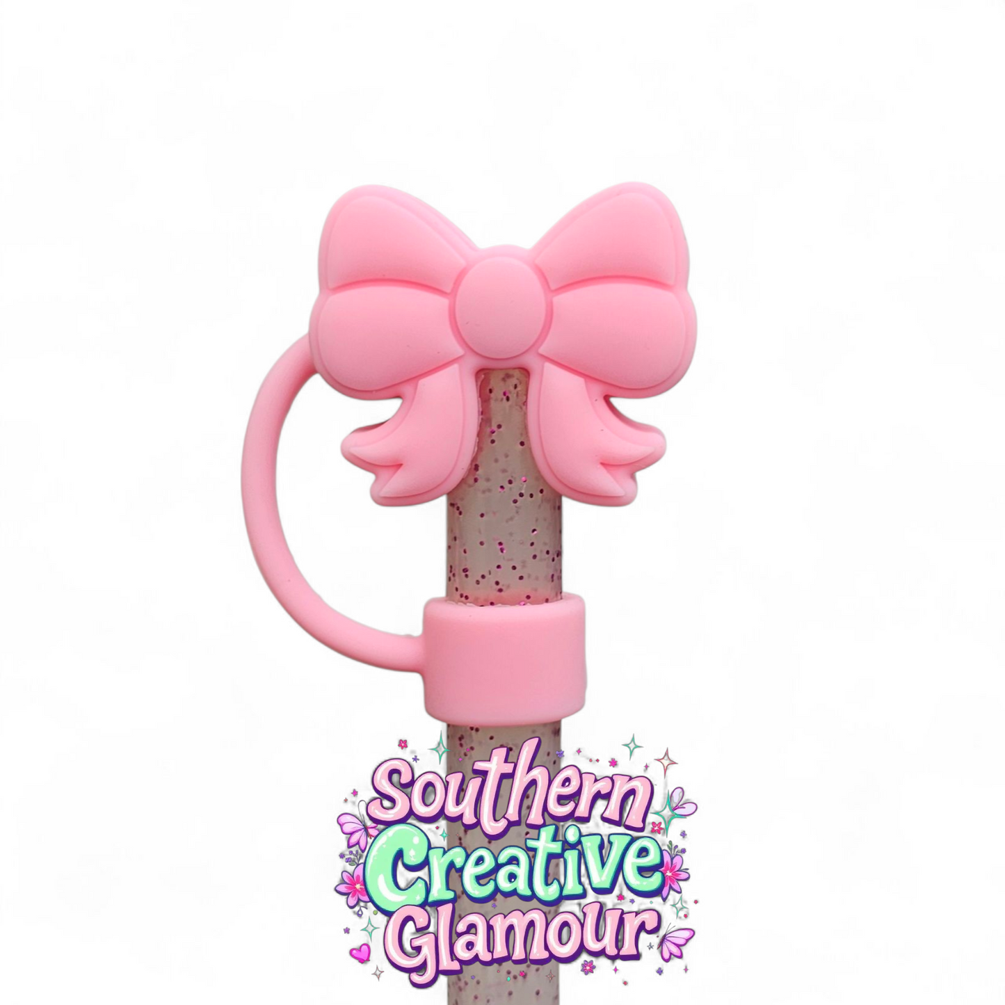 Sizzling Pink Girly Coquette 3D Ribbon Bow Silicone 10mm Straw Toppers by Southern Creative Glamour 