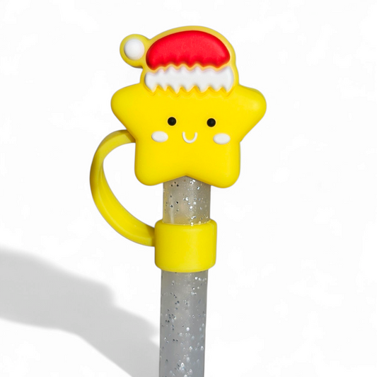 Yellow Star wearing Santa Clause Hat 3D Silicone 10mm Straw Topper 