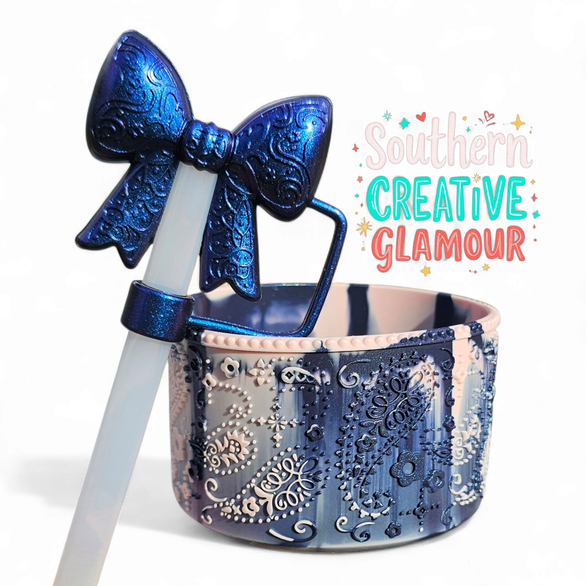 Metallic Pink Dusk Shimmer Paisley Textured 3D Silicone Tumbler Boot and Matching Metallic Blue Bow Silicone 10mm Straw Topper by Southern Creative Glamour 