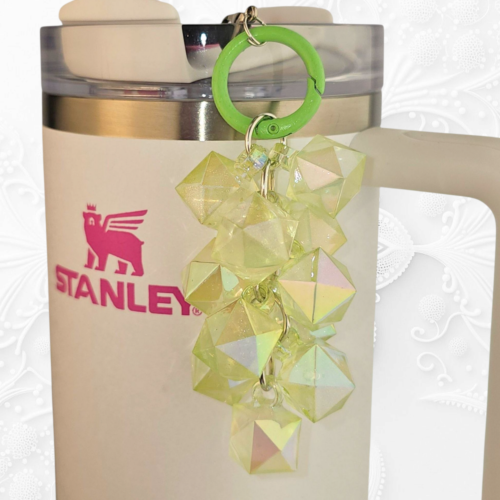 Spring Green Crystal Beaded Tumbler Charm. Use as a tumbler straw charm or tumbler cup handle charm. 