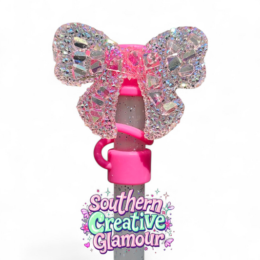 Druzy Glitter Ribbon Bow Silicone 10mm Straw Topper - Barbie Pink Pink