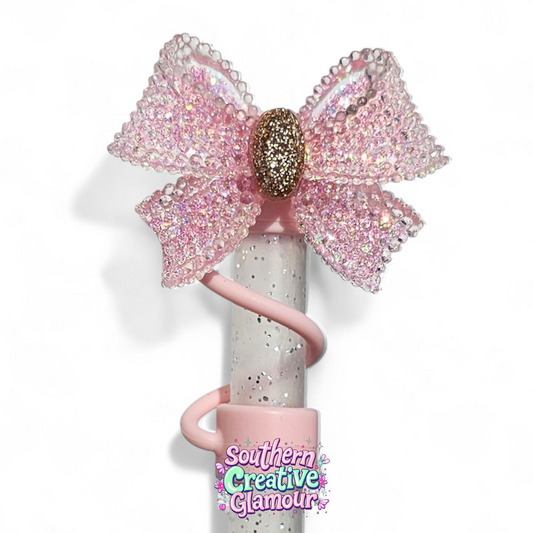 Glitter Ribbon Bow Straw Topper - Blush Pink by Southern Creative Glamour 