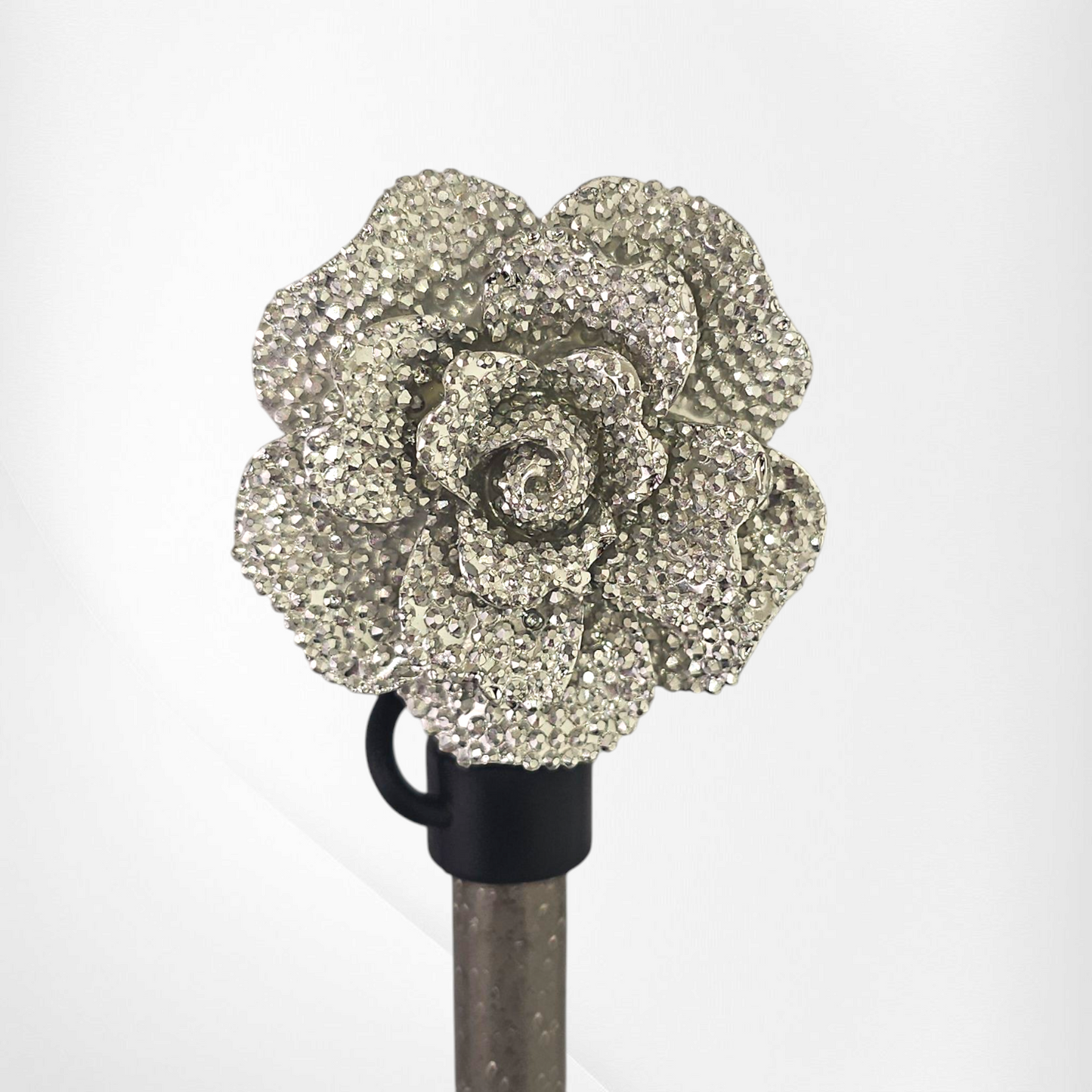 Silver Glitter Rose Straw Topper with Black Straw cap base. 