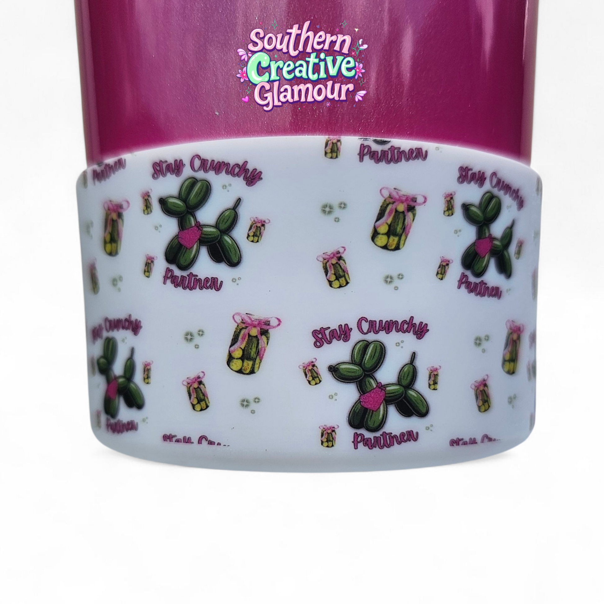 Green Balloon Dogs, Green Pickles, and Pink Bows design on a white Silicone Tumbler Boot by Southern Creative Glamour 