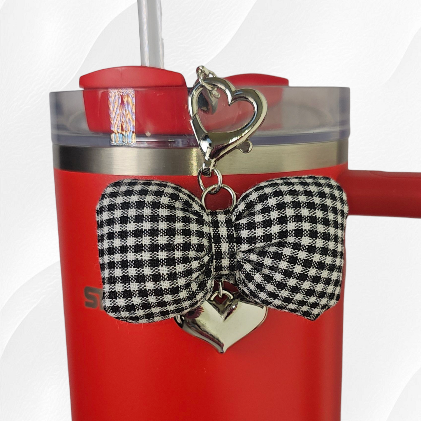 Black and White Gingham Bow with silver heart charm. 