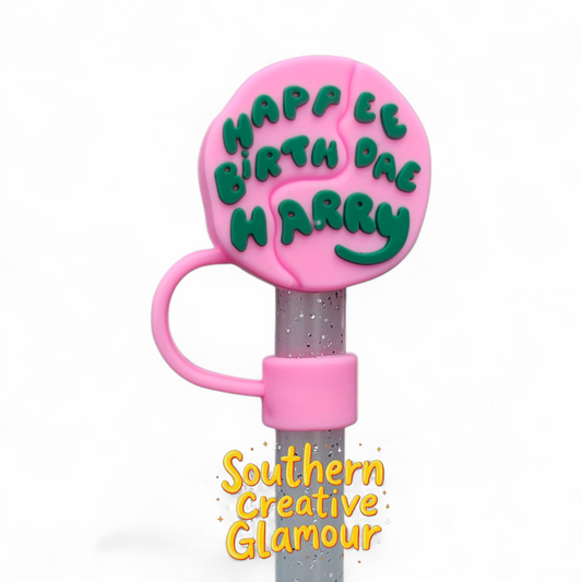 Pink and Green Happy Birthday Harry 10mm Straw Topper by Southern Creative Glamour 