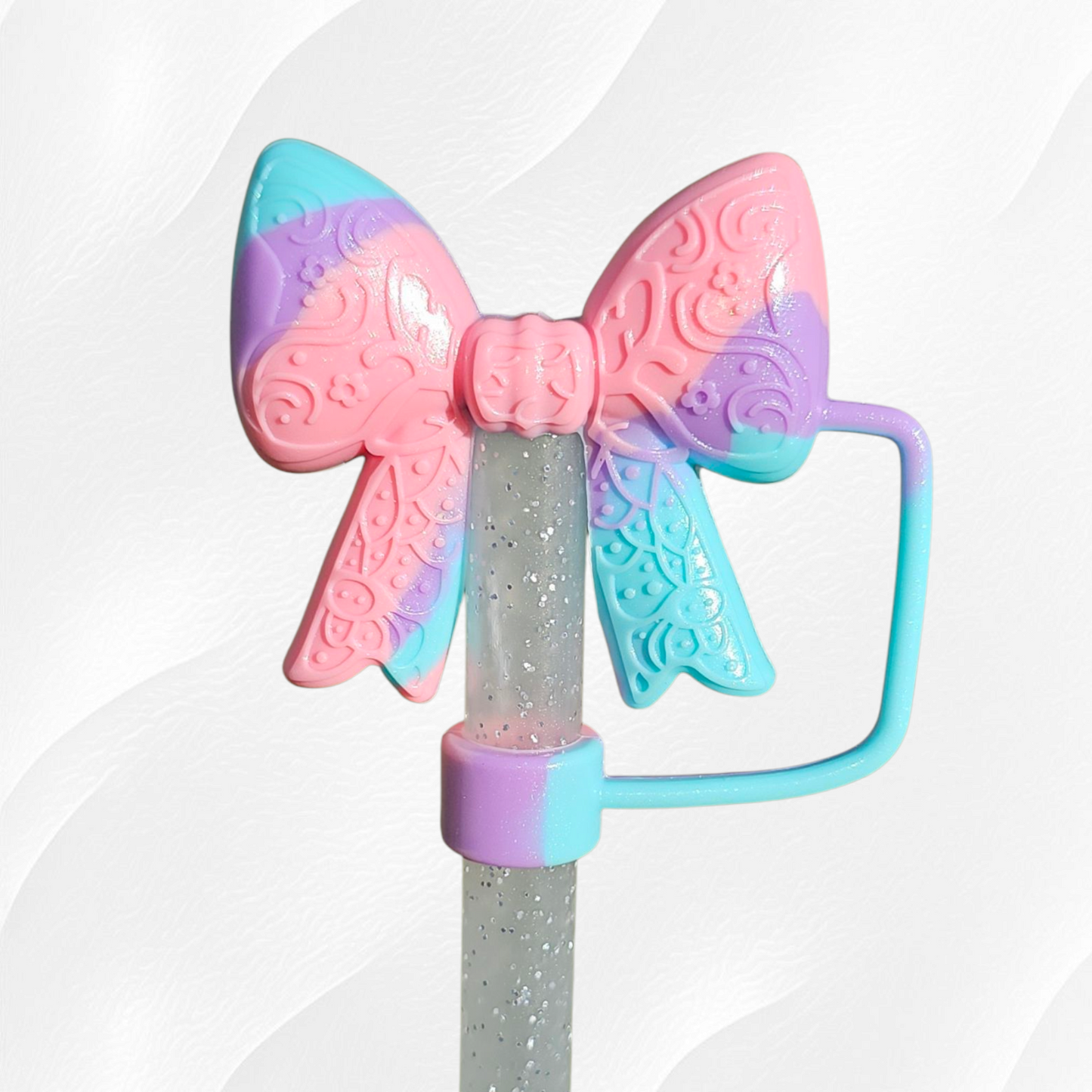 Pastel Swirl Shimmer 3D Lace Ribbon Bow Silicone Straw Topper. 