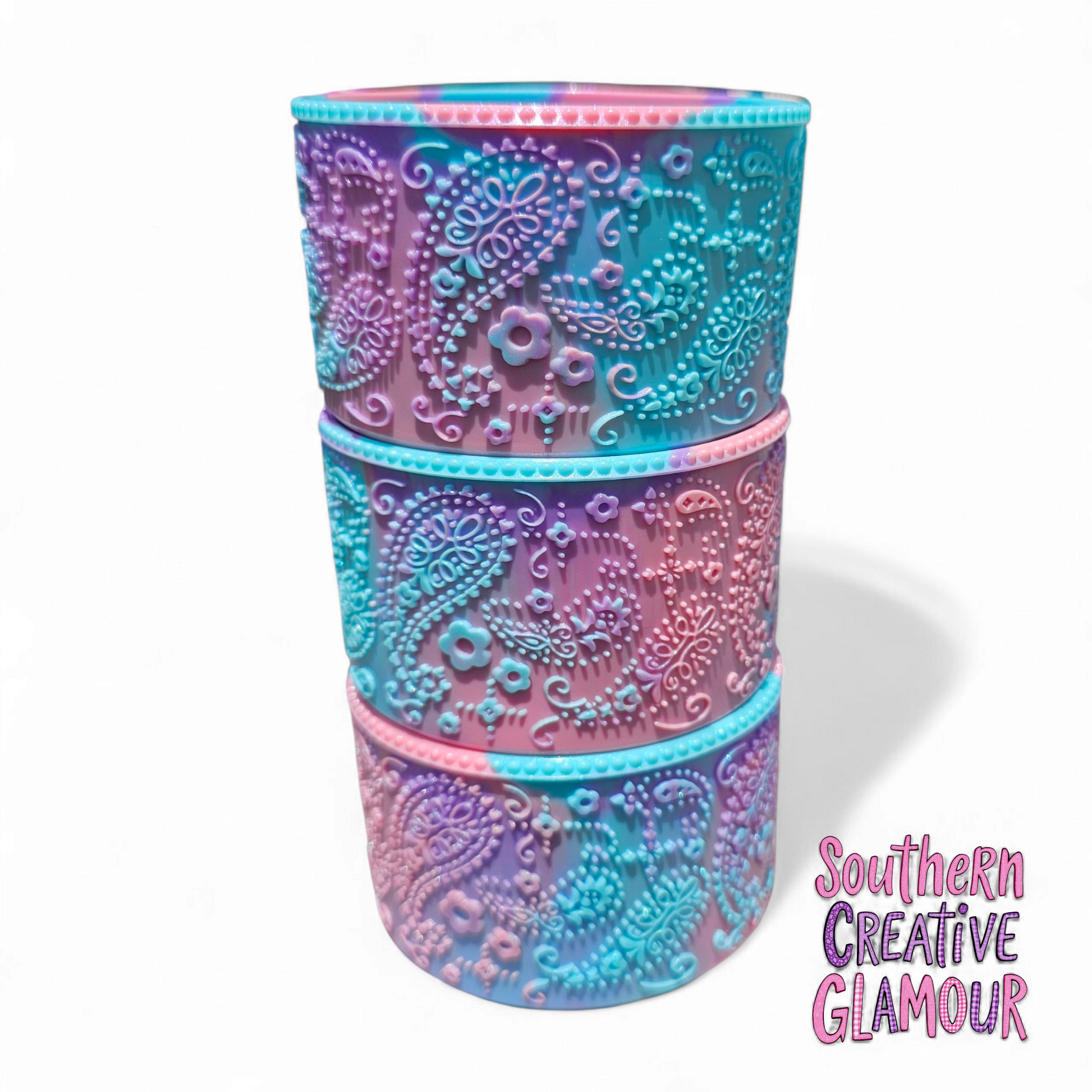 Pink, Purple, Mint Green Shimmer Silicone Tumbler Boot with 3D Textured Floral and Paisley Design by Southern Creative Glamour. 