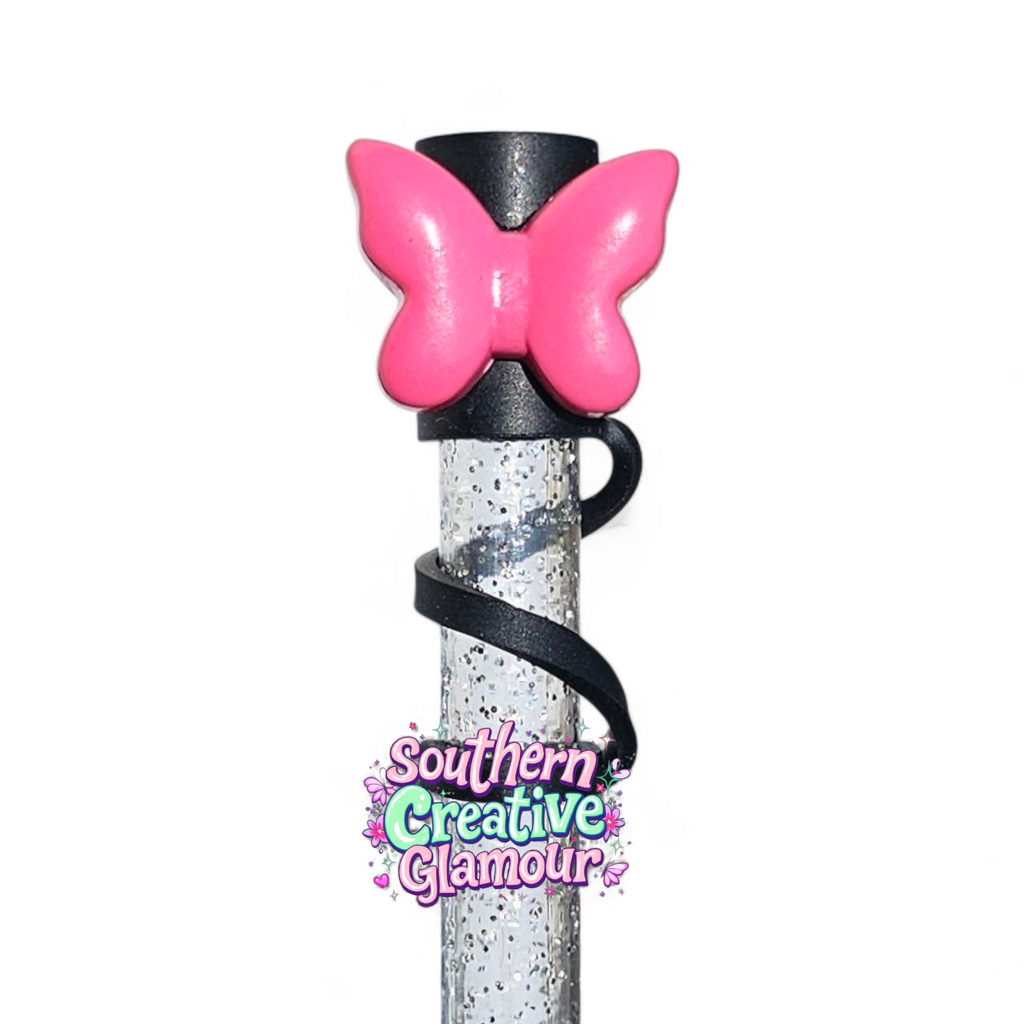 Pink Butterfly Silicone 10mm Straw Toppers by Southern Creative Glamour 
