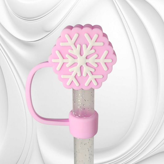 Pink and White Snowflake 3D Silicone Straw Topper. 