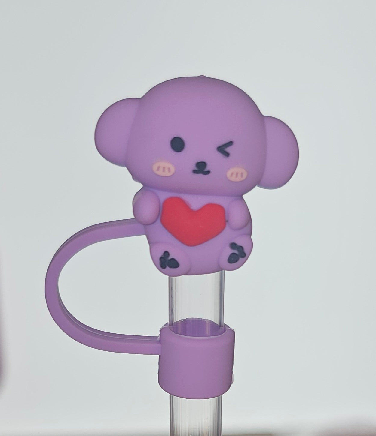 Purple Koala Bear holding a red heart 3D Silicone Straw Topper  - Straw Cover. 