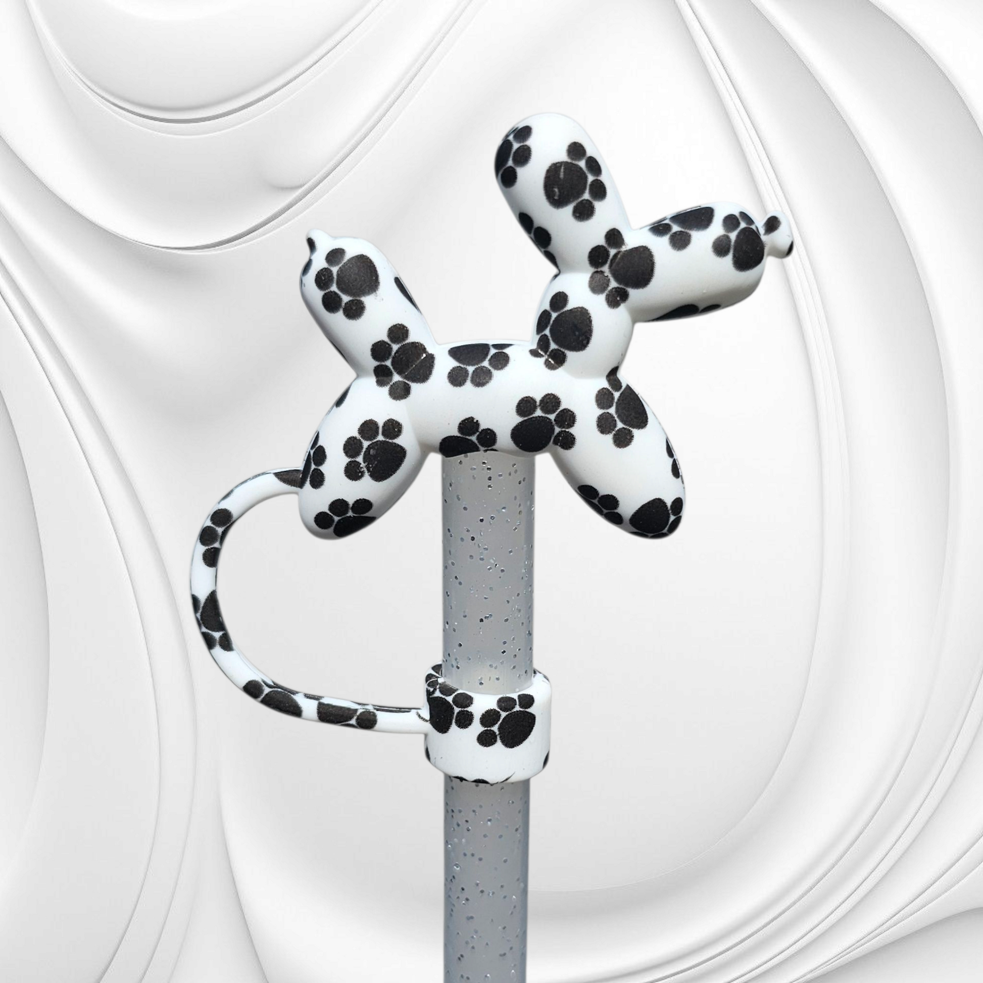 Black and White Paw Print 3D Silicone Balloon Dog Straw Topper