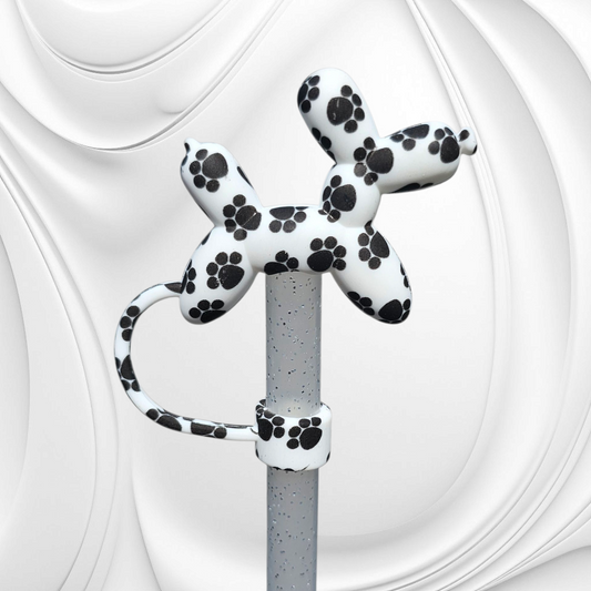 Black and White Paw Print 3D Silicone Balloon Dog Straw Topper