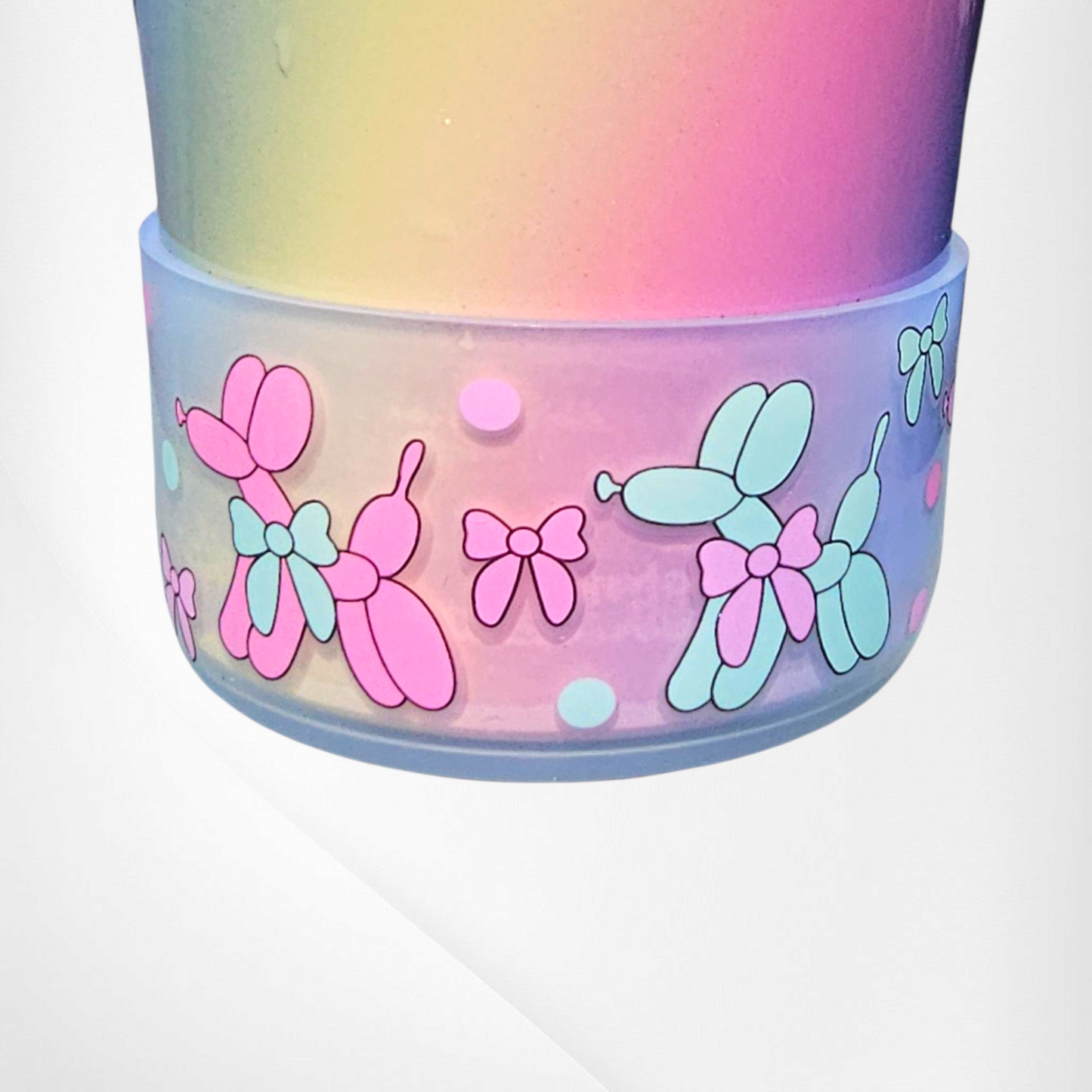 Pink, Mint, and Purple Balloon Dogs and Bows on Clear Silicone Tumbler Boot by Southern Creative Glamour 