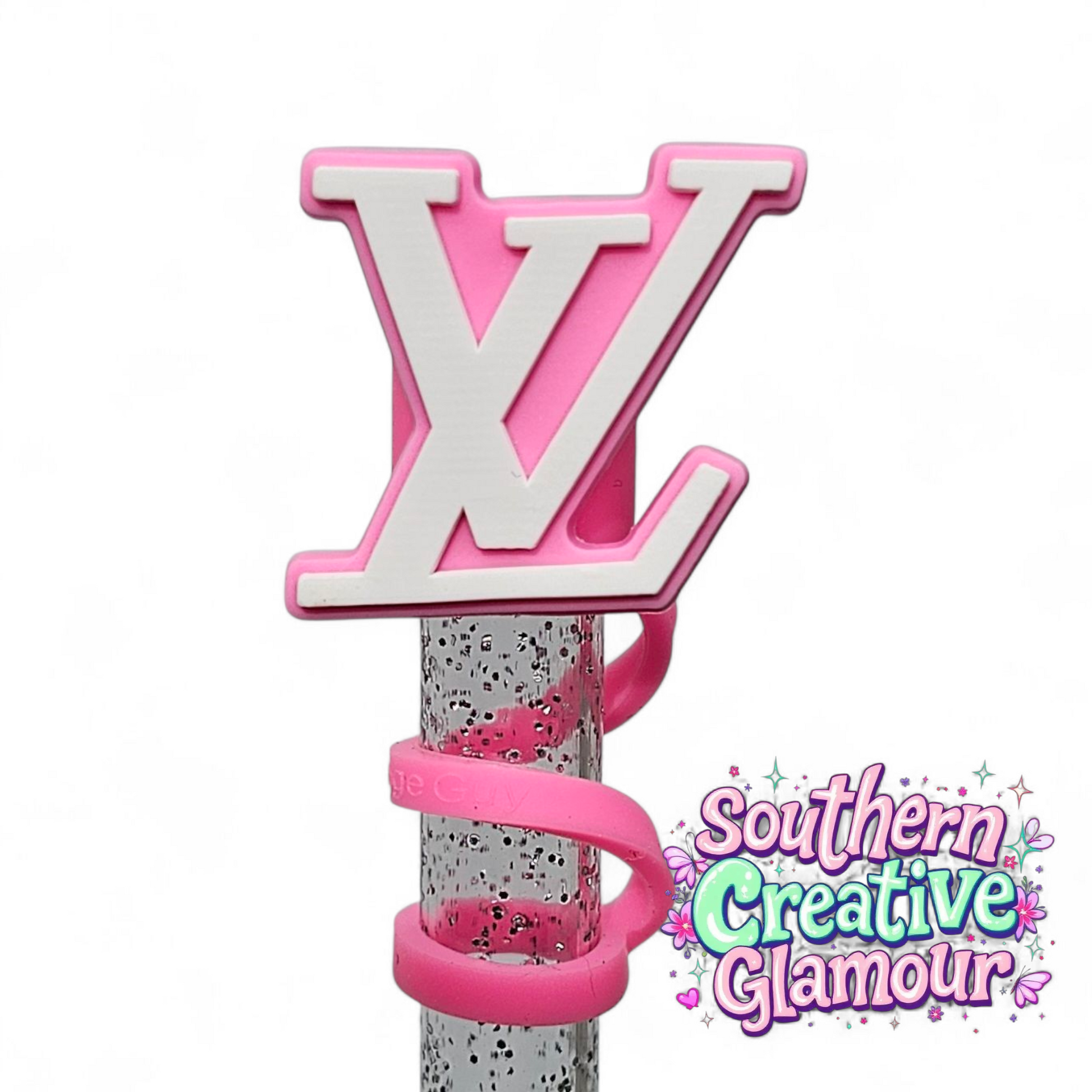 Louis Vuitton " LV " inspired Hot Pink & White 2D Silicone 10mm Straw Topper by Southern Creative Glamour 