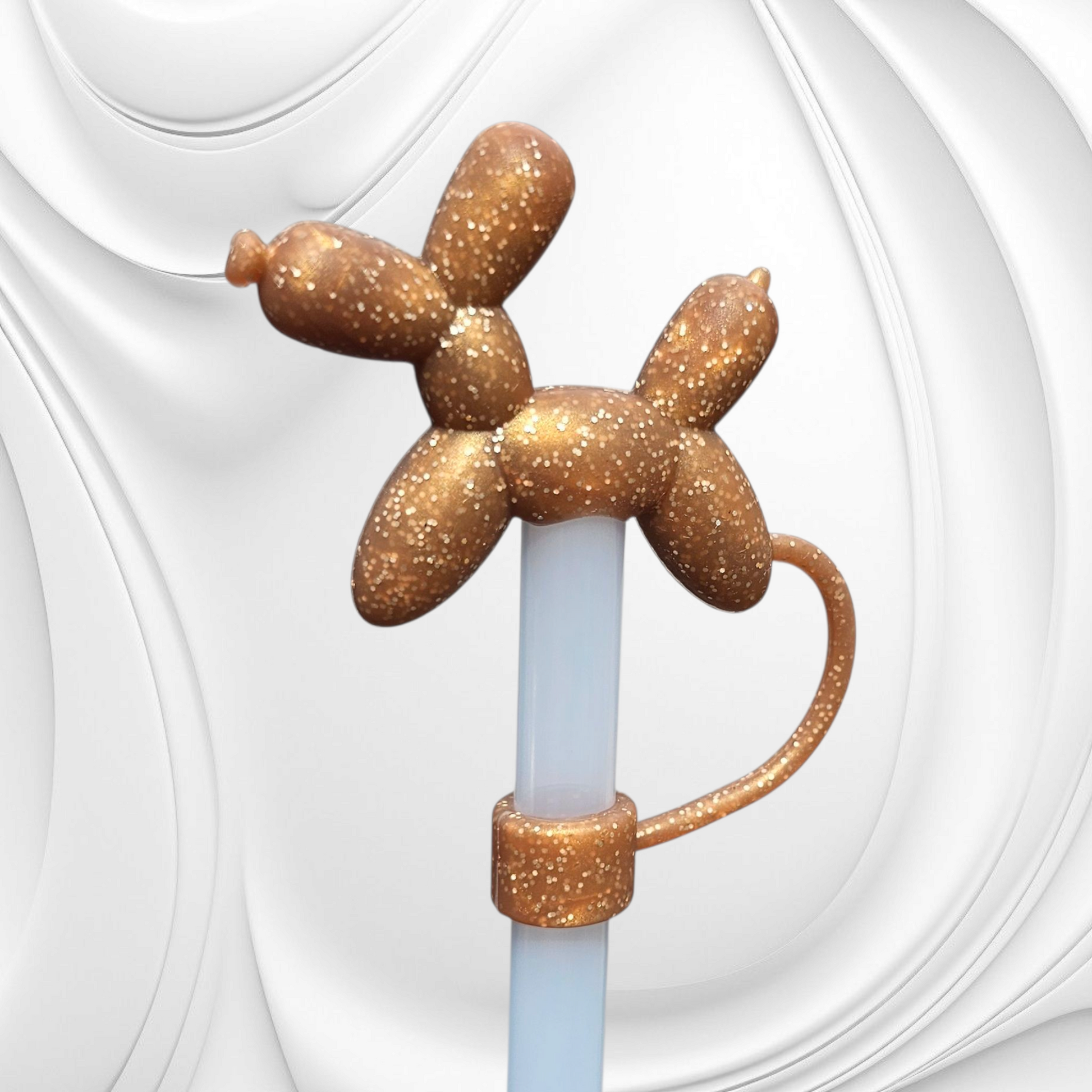 Bronze Glitter 3D Silicone Balloon Dog Straw Topper. 