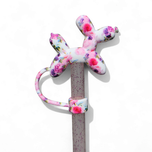 Pink and Purple Flowers Balloon Dog 3D Silicone Straw Topper