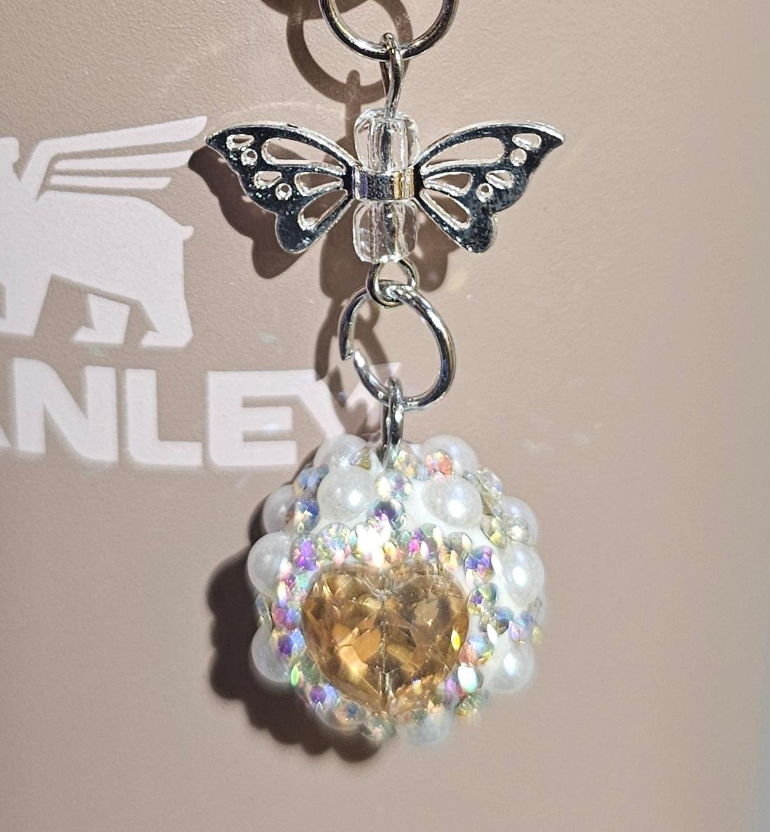 Iridescent Pearlescent Basic Brown Heart Jewel trimmed with White Rhinestone Glitter Charm Pendant