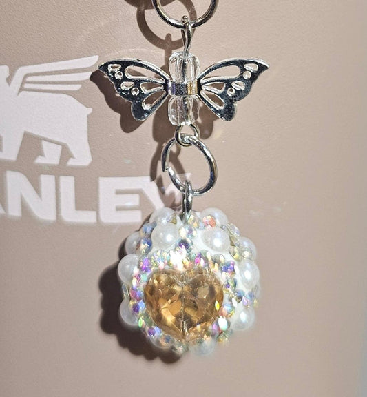 Iridescent Pearlescent Basic Brown Heart Jewel trimmed with White Rhinestone Glitter Charm Pendant