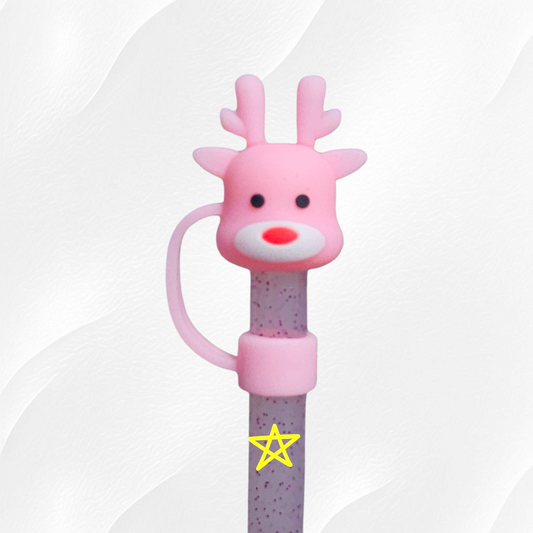 Pink Christmas Rudolph 3D Silicone Straw Topper