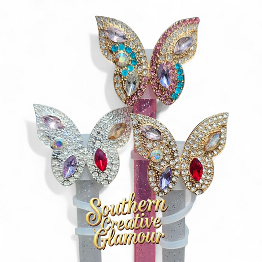 Gold, Silver, and Pink Rose Gold Diamond Butterfly Silicone 10mm Straw Toppers by Southern Creative Glamour 