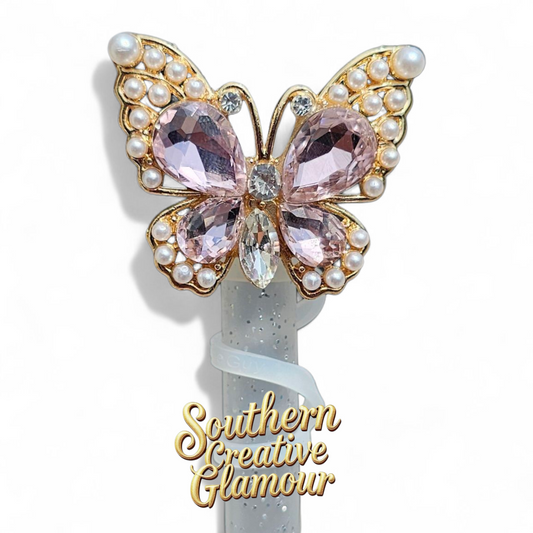 Diamond Butterfly Silicone 10mm Straw Topper - Lavender Pearl