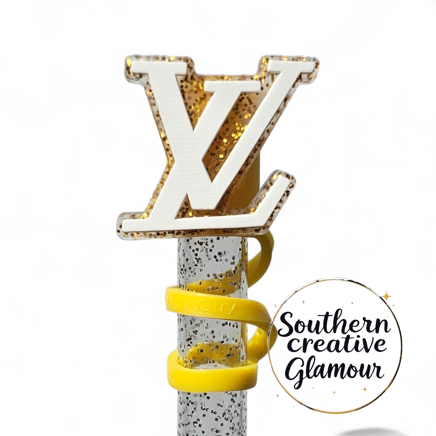 Louis Vuitton " LV " inspired Gold Glitter & White 2D Silicone 10mm Straw Topper by Southern Creative Glamour 