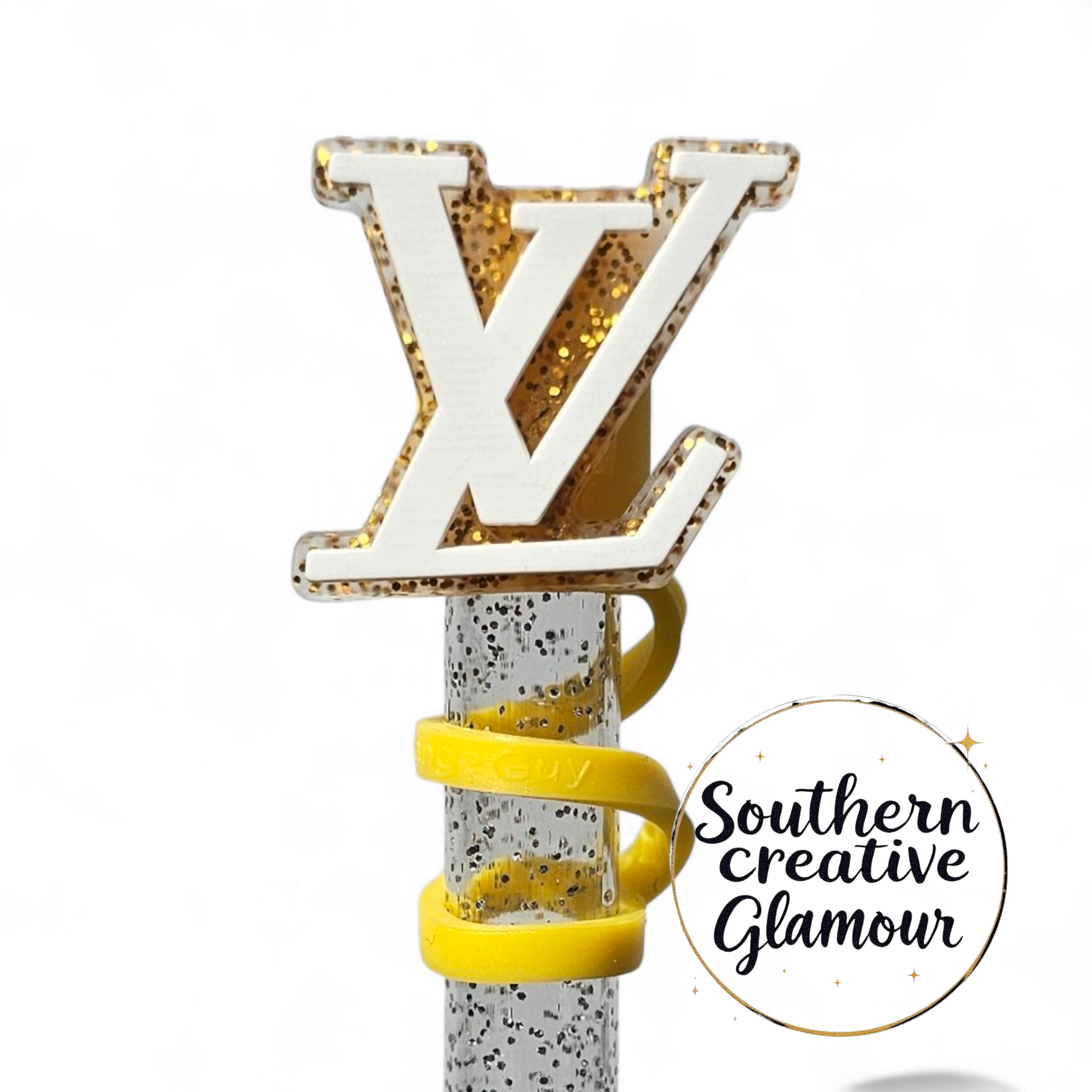 Louis Vuitton " LV " inspired Gold Glitter & White 2D Silicone 10mm Straw Topper by Southern Creative Glamour 