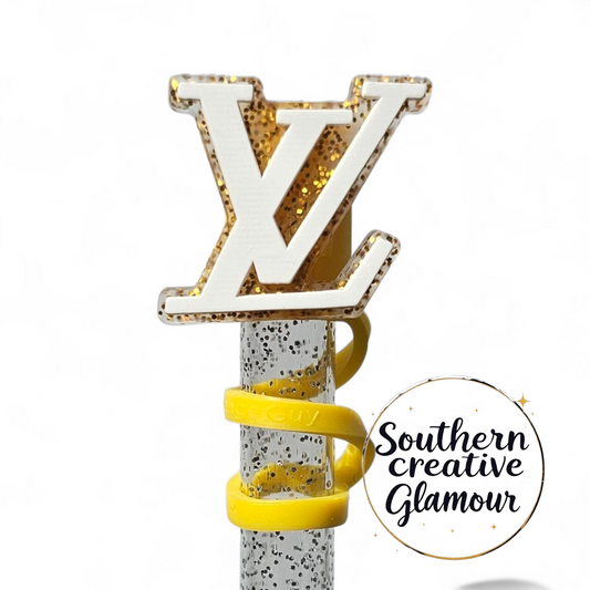 Louis Vuitton " LV " inspired Gold Glitter & White 2D Silicone 10mm Straw Topper by Southern Creative Glamour 