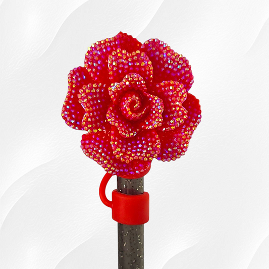 Rose Red Rose Flower Glitter Silicone Straw Topper - Straw Cover. Fits 10mm and Stanley Straws. 