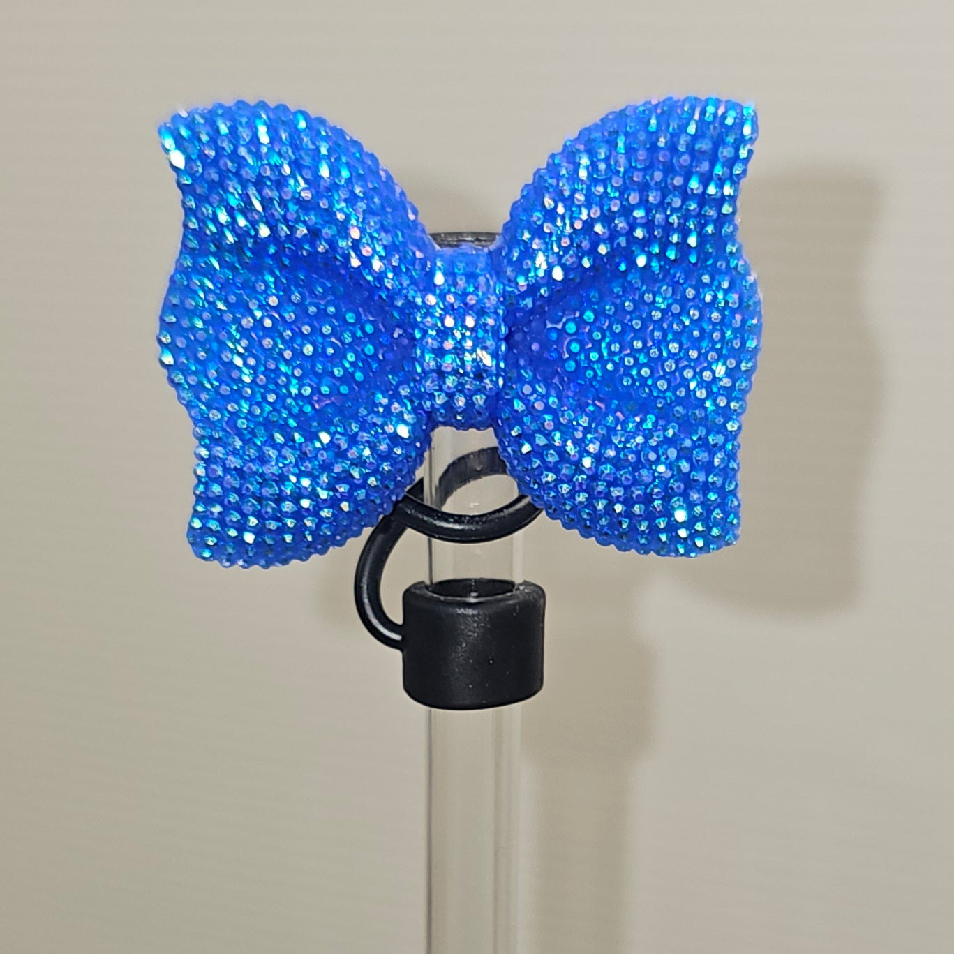 Blue Glitter Bow Tie with Black Silicone Straw Topper base  - Straw Cover  - Straw Topper 