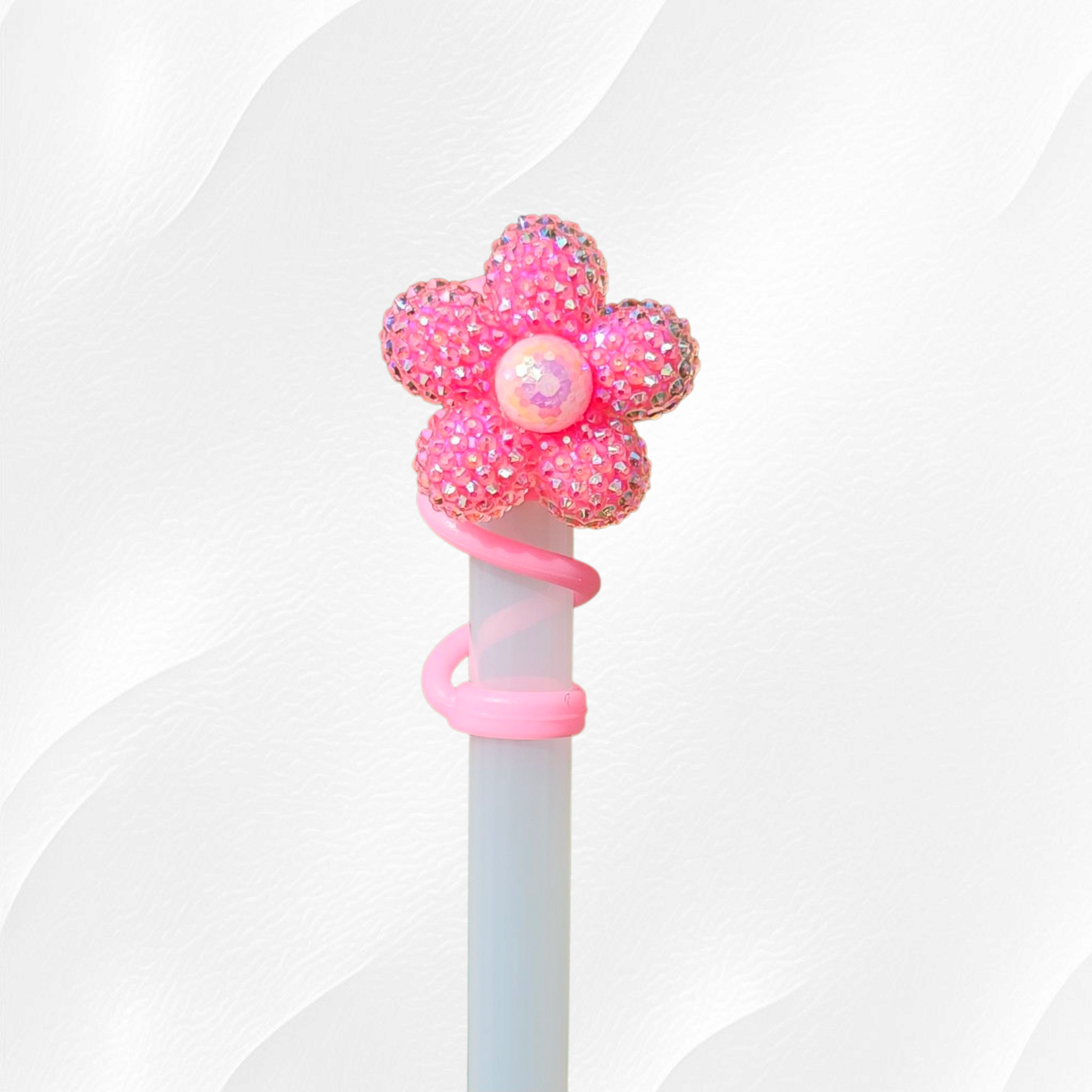 Barbie Pink Glitter Daisy Flower Silicone Straw Topper  - Straw Cover. 