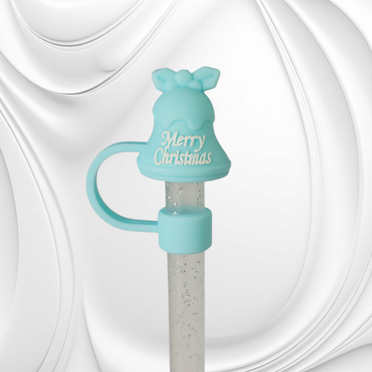 Teal Blue Christmas Bell 3D Silicone Straw Topper. 