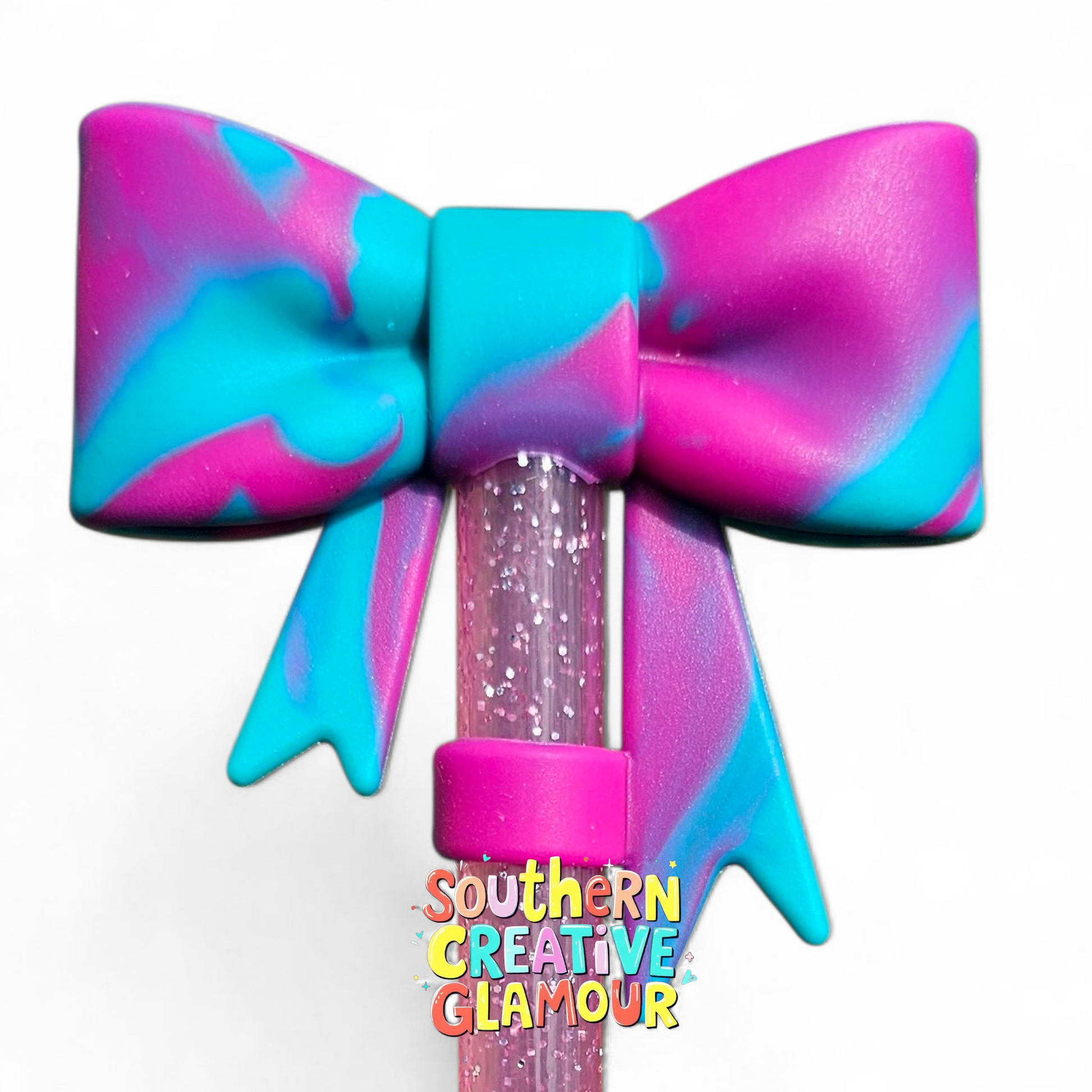 Teal and Pink Mermaid Dreams 3D Bow Silicone 10mm Straw Topper by Southern Creative Glamour 